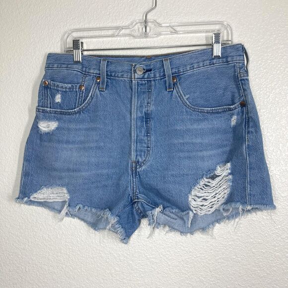 Levis 501 Shorts Womens 31 Blue Distressed Denim High Rise Cut Off Button Fly - Picture 1 of 15